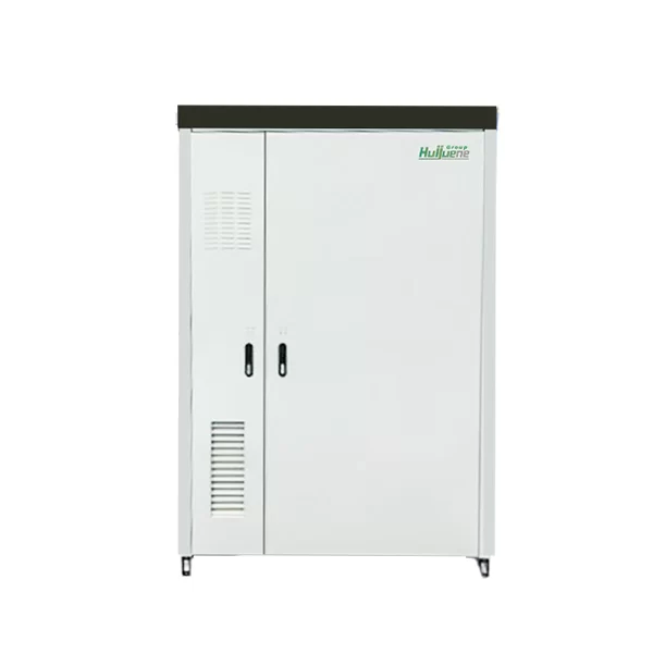 A white cabinet with an open door, used for outdoor energy storage and renewable energy integration. Power supply equipment is stored inside.