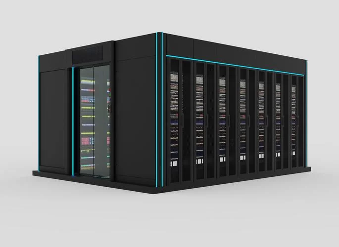 Energy-efficient black server rack with blue lights, used in data centers for energy storage cabinets.